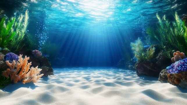 Sunlit Ocean Floor with Coral Reefs and Aquatic Plants in Tranquil Blue Waters