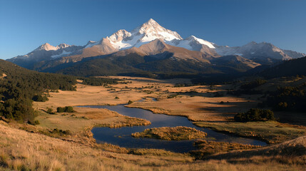 Majestic snow-capped mountain vista, valley river, autumnal landscape, travel poster