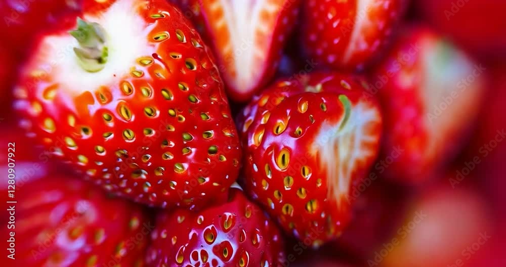 Poster close-up of bright red strawberries showing cut halves on red background