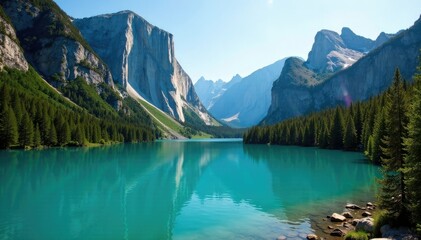 Obraz premium Turquoise lake amidst towering granite cliffs, sunlight filtering through, grays, nature, greens