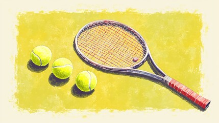 Racket and Tennis Balls Watercolor Illustration Background