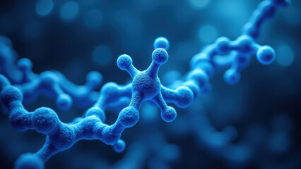 Close-up microscopic view of semaglutide molecules against a blue background, highlighting its molecular structure and complex interactions.