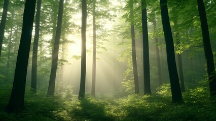 Lush green forest with sun rays streaming through misty tall trees