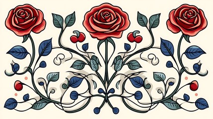 Red Roses and Blue Leaves Symmetrical Floral Design