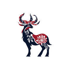 Ornate Floral Deer Silhouette Dark Blue and Red Design Element