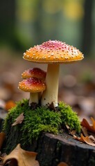 Fototapeta premium Wild mushroom species growing among fallen leaves and soft moss on a decaying tree stump in autumn, autumn, fungi, forest floor