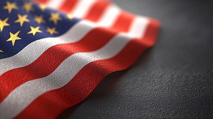Close-up of American Flag Fabric Texture with Detailed Stars and Stripes waving on Dark Background