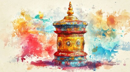 Colorful Tibetan Prayer Wheel Watercolor Painting