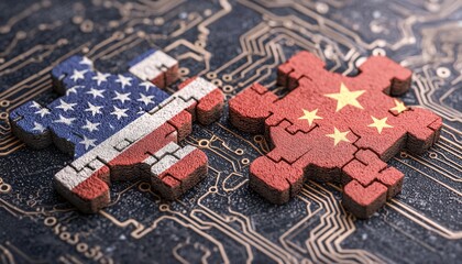 Naklejka premium Puzzle Pieces of American and Chinese Flags on Circuit Board Background Symbolizing Global Trade Relations