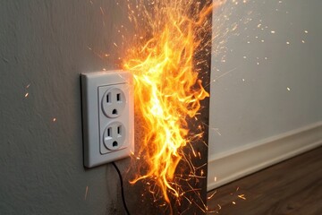 Electrical Outlet Fire with Bright Flames and Sparks Engulfing Wall in Indoor Setting