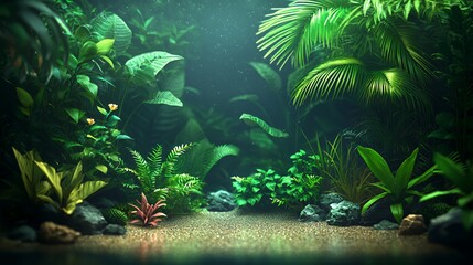 Lush Green Tropical Plants in Dark Underwater Setting