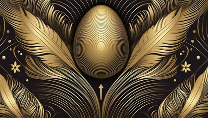 Black and gold Art Deco-inspired Easter pattern with geometric golden feathers and ornamental accents, exuding elegance and sophistication