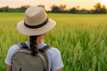 Obraz premium Young woman with backpack and straw hat enjoying breathtaking sunset view over green wheat field, embracing tranquility and exploring countryside during summer adventure