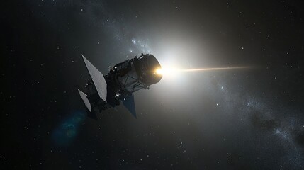 Naklejka premium A small spacecraft with a reflective lightsail, glowing beam of light propelling it forward, deep space backdrop with stars