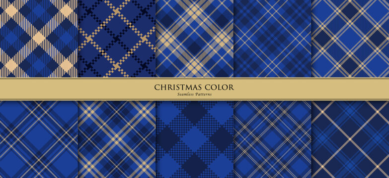 Blue colored Christmas checkerd backgrounds, Vector seamless plaid patterns/青&times;金色のクリスマスカラーのチェック柄パターンセット