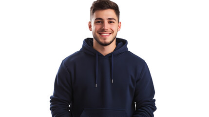 Portrait of a happy handsome american young attractive man, wearing a navy blue hoodie sweater and jeans, front view