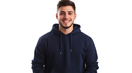 Portrait of a happy handsome american young attractive man, wearing a navy blue hoodie sweater and jeans, front view
