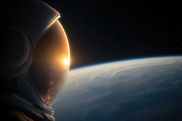 Glistening view of Earth from an astronaut's helmet reflecting s