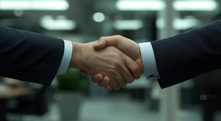 Handshake between two business people, close-up of hands shaking, blurred background office interior, professional and formal atmosphere