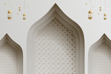 3D effect papercut style Islamic architecture window with lanter, ramadan background and Islamic celebration template with copy space.
