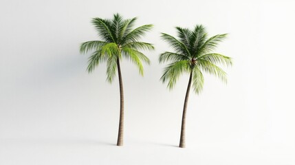 Fototapeta premium Two Tropical Green Palm Trees on White Background for Decorative Summer Designs