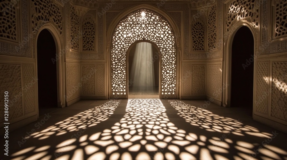 Poster Within the whispers of time, a shadowy entrance reveals intricate patterns cast by soft light, inviting exploration of forgotten mysteries in a timeless space