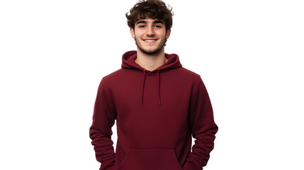 Naklejka premium Portrait of a happy handsome american young attractive man, wearing a red maroon hoodie sweater and jeans, front view