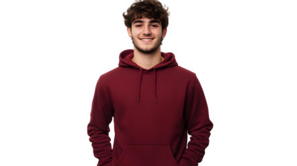 Portrait of a happy handsome american young attractive man, wearing a red maroon hoodie sweater and jeans, front view