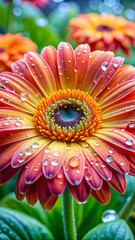 A Gerbera daisy with extra wide flat petals that create large drops of water