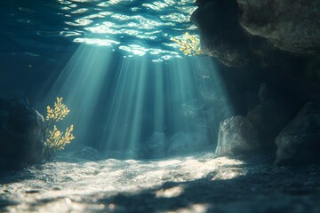 Underwater view of a rocky underwater landscape with sun rays shining through the water surface, creating natural light and shadow effects in an ocean cave, Generative AI