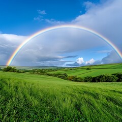 Obraz premium Vibrant Rainbow Arcing Over Lush Green Rolling Hills