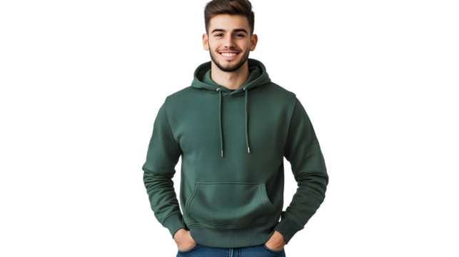 Portrait of a happy handsome american young attractive man, wearing a green hoodie sweater and jeans, front view