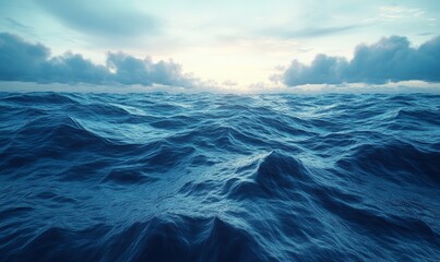 Fototapeta premium Beautiful Blue Ocean Waves Under Majestic Cloudy Sky at Sunrise, Tranquil Seascape with Vibrant Colors and Serene Atmosphere, Ideal for Nature and Travel Themes, Romantic Ocean View at