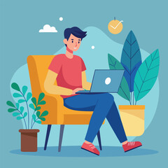 a boy is using his laptop vector