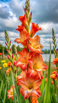 A gladiolus with tall flexible stems and large rubbery petals in bright orange and white