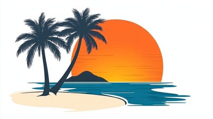 Vibrant Sunset over Tropical Beach with Palm Trees Silhouettes and Calm Ocean