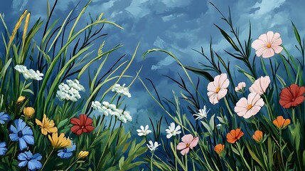 Wildflowers in Field Under Dramatic Blue Sky