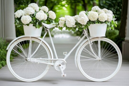 Vintage White Bicycle Adorned with Flowers on Cobblestone Path Under Soft Natural Lighting