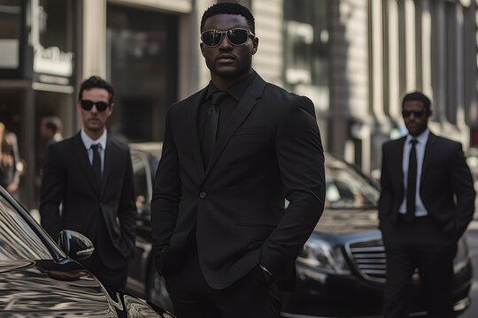 Three Adidas security men in black suits and sunglasses standing guard near luxury cars on the street, Generative AI