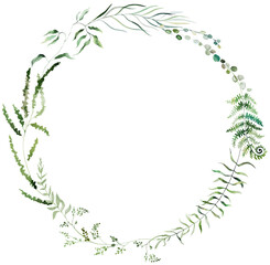 Round frame with Watercolor fern green leaves and wild twigs, wedding isolated illustration