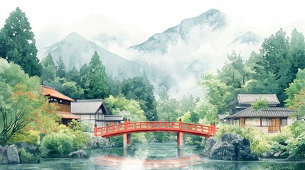 Serene Japanese Village Depiction with Watercolor Allure