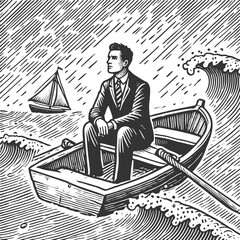 businessman in rowboat, facing stormy waves and rain, symbolizing struggle, adversity, and resilience sketch engraving generative ai vector illustration. Scratch board imitation. Black and white image