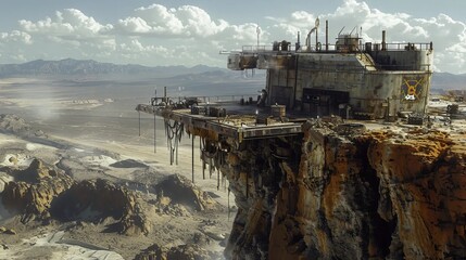 post apocalyptic landscape desolate wasteland ruined cityscape barren terrain dystopian environment survival escape vehicle abandoned structures harsh climate gritty atmosphere