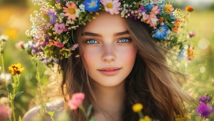Naklejka premium Summer Girl with Flower Crown in a Meadow