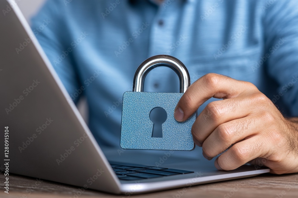 Aufkleber Cyber security network Data protection concept Businessman using laptop computer with digital padlock on internet technology networking with cloud computing and data management