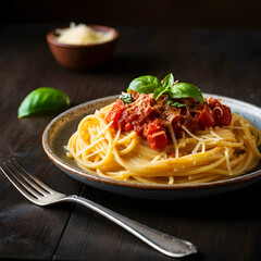 Fototapeta premium Classic spaghetti with marinara sauce parmesan cheese and fresh basil served on a rustic plate with ingredients in the background