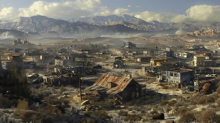 Fototapeta premium post apocalyptic landscape desolate wasteland ruined city abandoned structures barren terrain survival atmosphere dystopian vision harsh environment dramatic skies empty streets gritty scenery