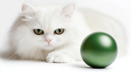 Obraz premium White Fluffy Cat Gazing at a Green Christmas Ornament on White Background