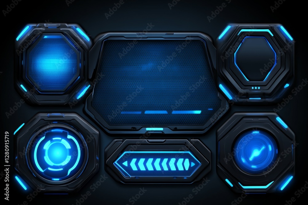 Poster Dashboard blue display virtual reality technology screen HUD futuristic user interface, target HUD elements mega pack set