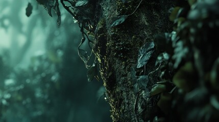 Soft moss envelops the rough trunk, showcasing nature's resilience. This tranquil moment in a thriving forest captures the beauty of life and green serenity all around